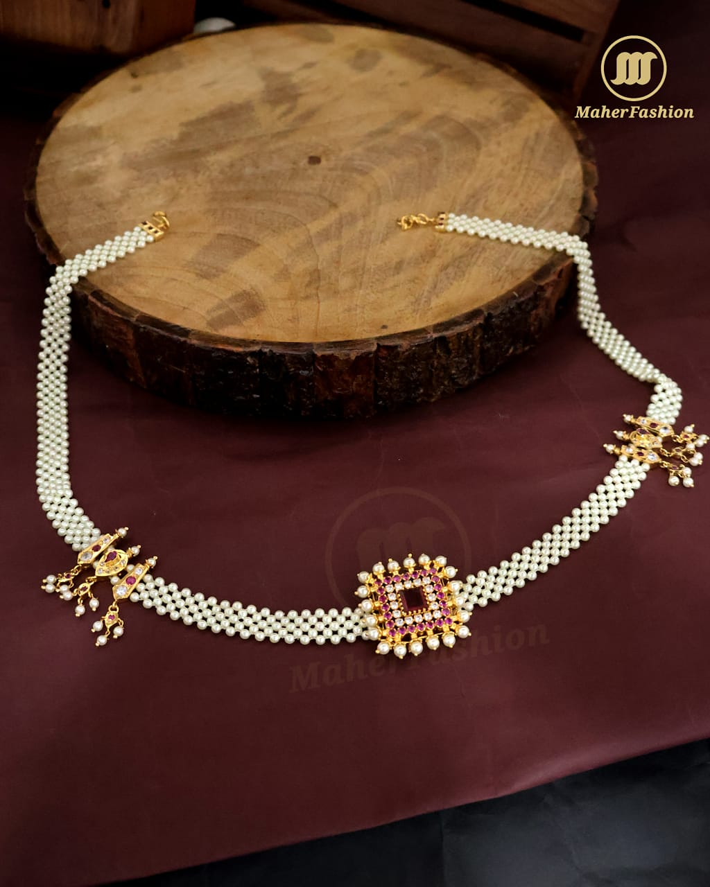 Designer Pearl Waist Belt Kamar Patta studed with White & Pink Stone